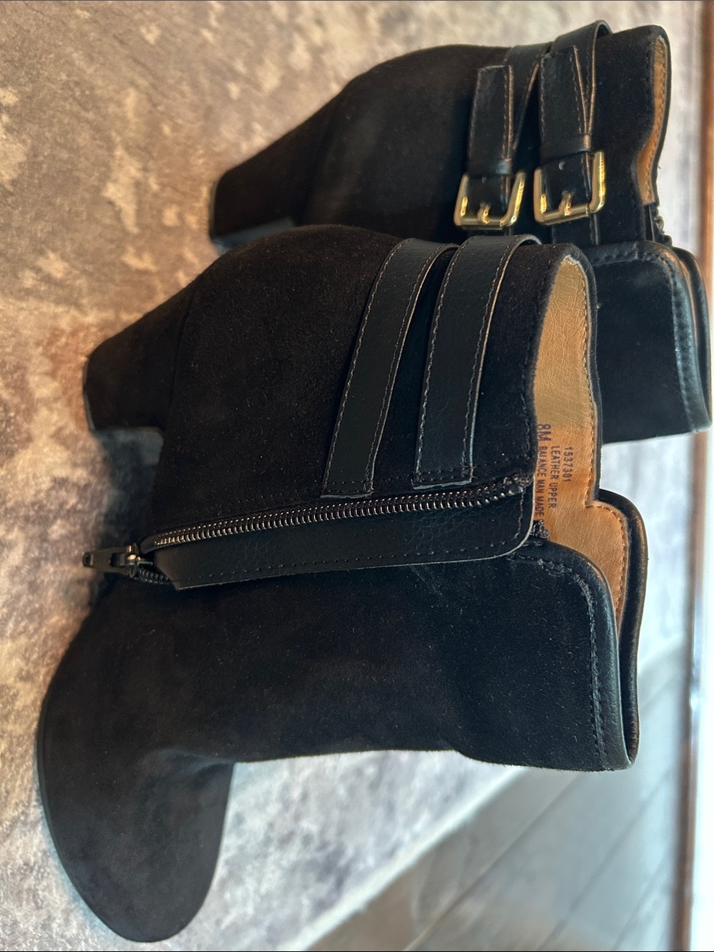 Sofft Black Suede Ankle Boots with Side Zipper and Buckle Detail